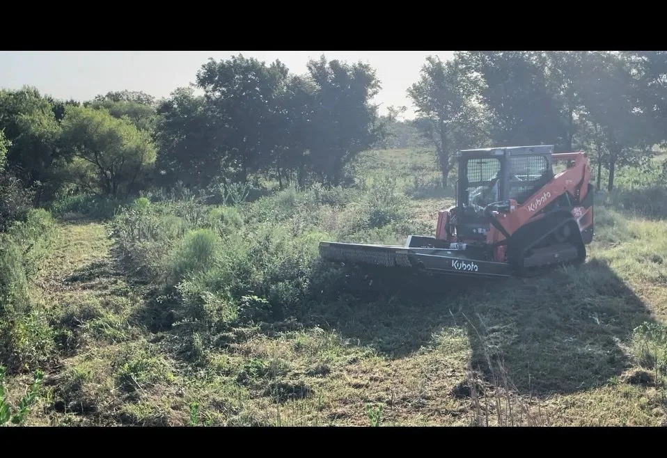 Hydraulic brush cutter mowing overgrown pasture